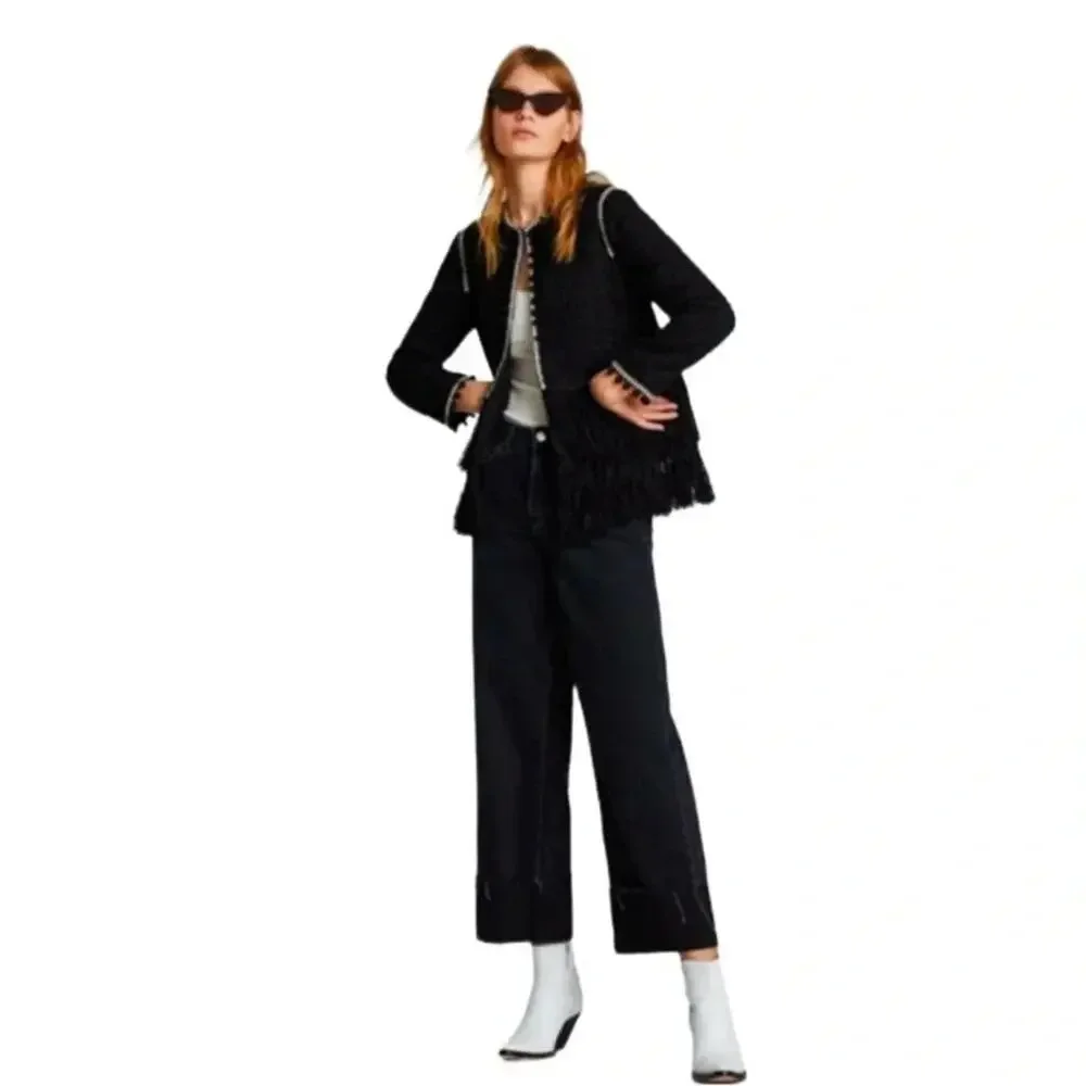 Zara Tweed Fringe Pom Pom Tassels Lined Boucle Jacket Blazer Black Size XS